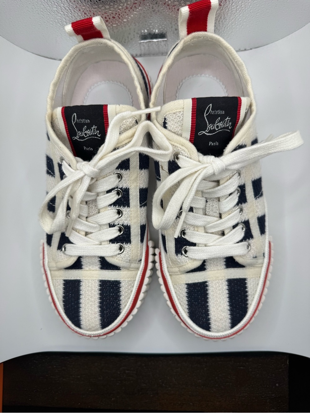 Christian Louboutin Navy & White Striped Low-Top Sneakers with Red Trim - Picture 3 of 15
